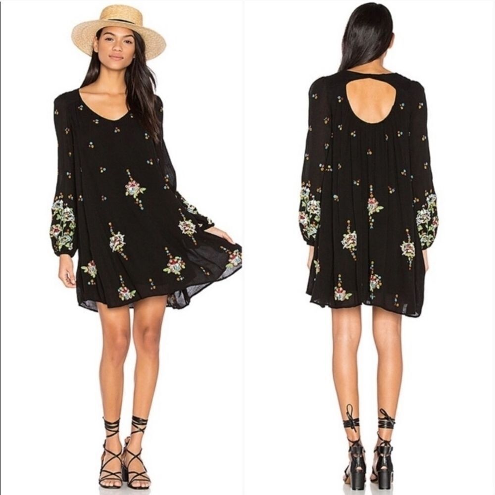 Free People Black Embroidered Floral Bishop Sleeve Sundress